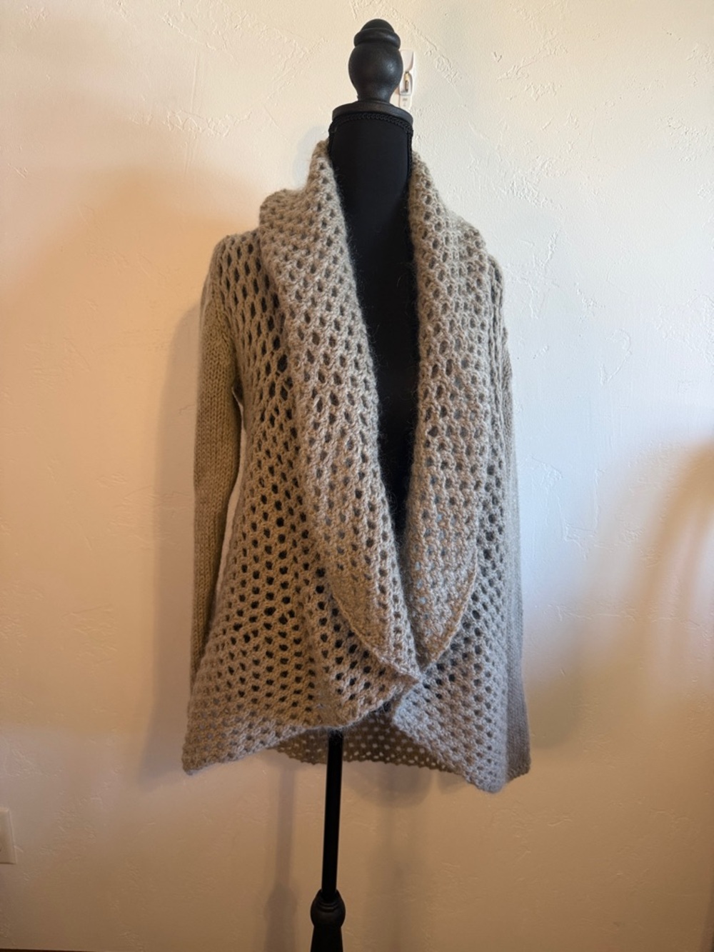 Cozy Open-Weave Taupe Knit Shawl Cardigan